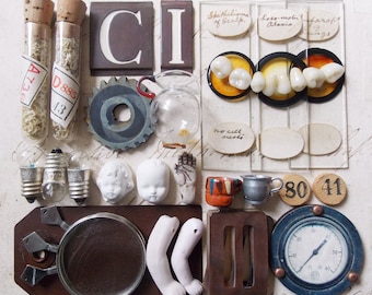 Lot 3 - Collection of Vintage, Modern and Handmade Curios Components For Mixed Media Art, Altered Art, Assemblage, Printer's Trays etc x 30