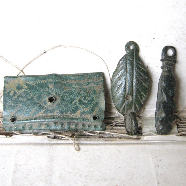 Medieval Bronze Antiquities, Excavated Metal Finds, Verdigris Metal for Curio Cabinet, Assemblage, Jewellery Making x 3