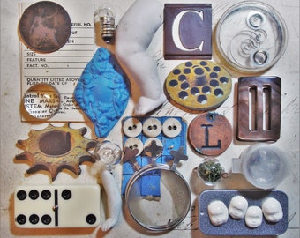 Lot 11 - Collection of Vintage and Modern Curios Components For Mixed Media Art, Assemblage, Altered Art, Printer's Trays etc x 26