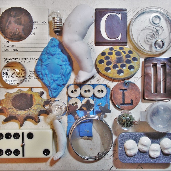 Lot 11 - Collection of Vintage and Modern Curios Components For Mixed Media Art, Assemblage, Altered Art, Printer's Trays etc x 26