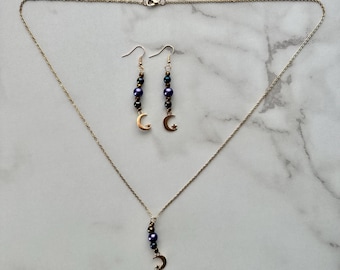 手作りの月と星のパープル＆ゴールドジュエリーセット