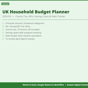 UK Household Budget Planner 2025/26 Spreadsheet, Monthly Budget Tracker, Family Finance Planner, Savings Goal Tracker, Digital Download