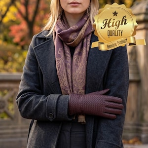 Women's Woven Leather Gloves, Genuine Sheepskin Thermal Lining, Slim Fit for Winter Drives image 1