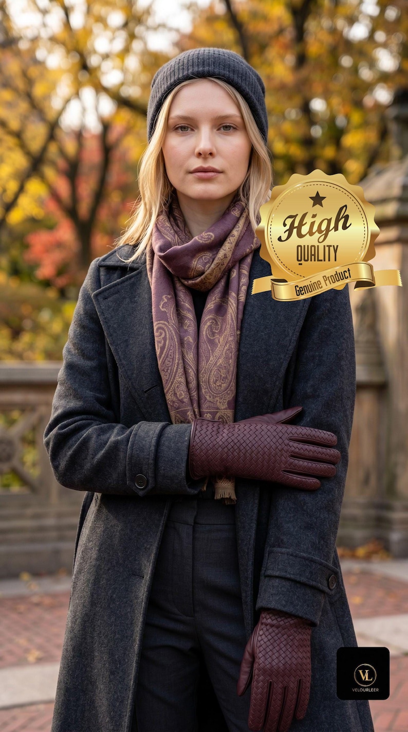 Women's Woven Leather Gloves, Genuine Sheepskin Thermal Lining, Slim Fit for Winter Drives image 1