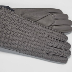 woven leather gloves with intrecciato texture, genuine sheepskin lining and smooth palm.
