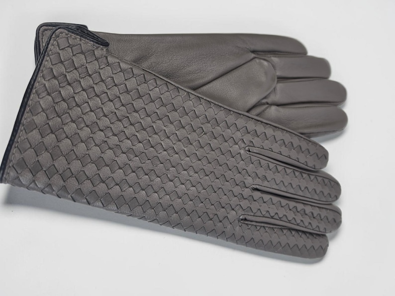 woven leather gloves with intrecciato texture, genuine sheepskin lining and smooth palm.