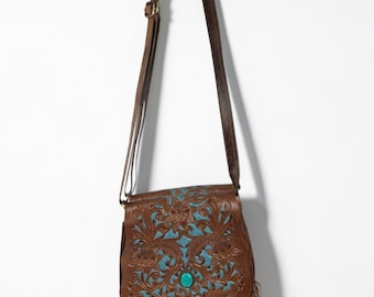 Hand Tooled Leather Fringe Crossbody Bag – Western Turquoise Inlay Boho Purse