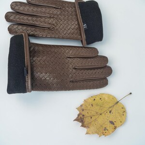 woven leather gloves with intrecciato texture, genuine sheepskin lining and smooth palm.