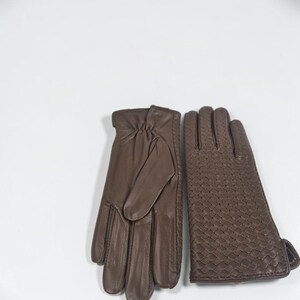 woven leather gloves with intrecciato texture, genuine sheepskin lining and smooth palm.