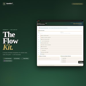 May include: The Flow Kit, a digital product by GuerKits, offers 8 visual schedule templates for ADHD kids. The image shows a daily visual schedule template with a green background and the text "Daily Visual Schedule".