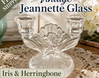 Vintage Jeannette Glass Iris & Herringbone Double Candle Holder Clear Depression Glass Cottage Decor Free Shipping