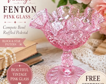 Compota de cristal rosa vintage Fenton con pedestal ondulado, bombonera con forma de estrella de bloque