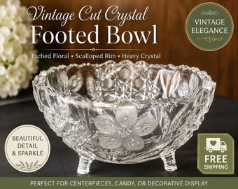 Vintage Cut Crystal Footed Schüssel geätzt Blumen Herzstück Candy Dish Scalloped Rim
