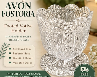 Vintage Avon Fostoria ljuslykta med fot i klarglas, diamantformad prästkrage.