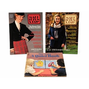 May include: Two vintage Make It Fun & Easy sewing pattern magazines by Ann Person from 1980 and 1981, alongside a How to Sew A Quiet Book instructional booklet. The covers feature photographs of individuals wearing sewn garments and children interacting with a book.