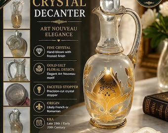 Vintage Crystal Liqueur Decanter Gold Gilt Floral Art Nouveau Glass Pitcher Faceted Stopper Frosted Crystal Barware French Romanian Style