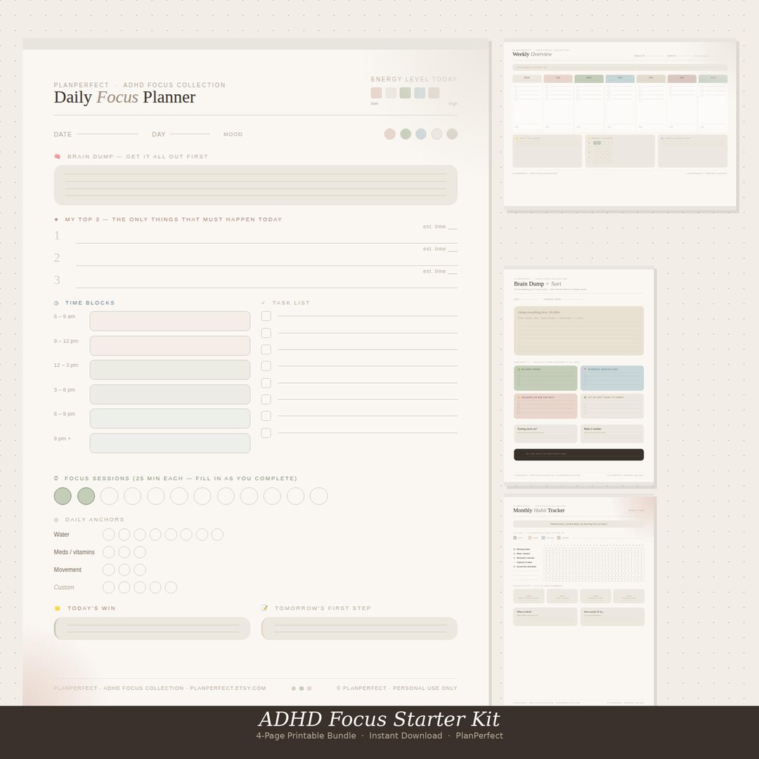 ADHD Focus Planner Bundle | Daily, Weekly, Habit Tracker (instant ...