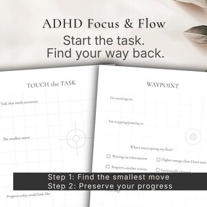 Könnte beinhalten: Zwei weiße Papierseiten mit Text und Diagrammen, die für ADHD-Fokus und -Flow konzipiert wurden. Die Seiten enthalten Aufforderungen wie "Touch the Task" und "Waypoint", mit dem Text "ADHD Focus & Flow" oben. Das Bild enthält auch den Text "Starte die Aufgabe. Finde deinen Weg zurück."