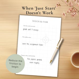 May include: A white sheet of paper with the text "TOUCH THE TASK" and handwritten notes, a gold-tipped pen, and a cup of coffee on a wooden surface. The text "When 'Just Start' Doesn't Work" is at the top.