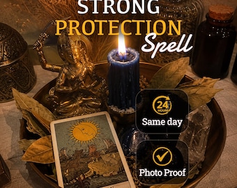 May include: A dark blue pillar candle with a lit flame, a gold-toned deity figurine, a tarot card labeled THE MOON, and dried leaves in a round tray. Text reads STRONG PROTECTION Spell, 24 HOURS Same day, and Photo Proof with a checkmark.