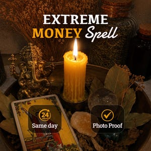 May include: A lit yellow pillar candle in a bowl with a gold-toned Ganesha figurine, a tarot card, crystals, and dried leaves. Text reads EXTREME MONEY Spell, 24 HOURS Same day, and a checkmark icon with the text Photo Proof.