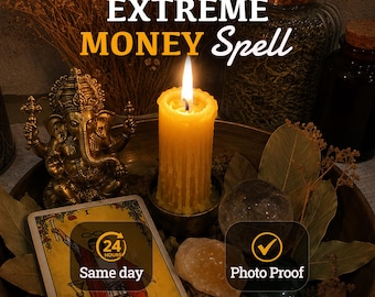 May include: A lit yellow pillar candle in a bowl with a gold-toned Ganesha figurine, a tarot card, crystals, and dried leaves. Text reads EXTREME MONEY Spell, 24 HOURS Same day, and a checkmark icon with the text Photo Proof.