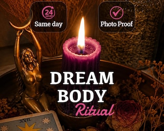 May include: A purple pillar candle with a lit flame, a bronze-colored female figurine holding a crescent moon, and a tarot card featuring a large yellow star. The text reads "24 HOURS Same day", "Photo Proof", and "DREAM BODY Ritual".