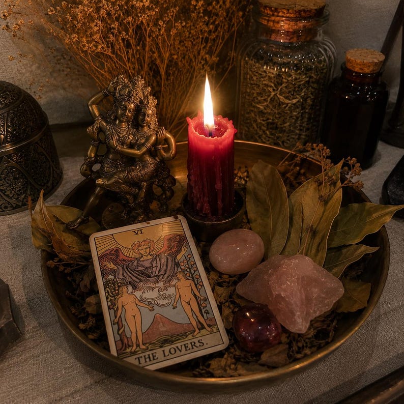 May include: A brass tray containing a lit red pillar candle, a bronze-toned figurine of two figures, a tarot card labeled The Lovers VI, two rose quartz stones, a dark polished sphere, and several dried bay leaves arranged in a circular display.