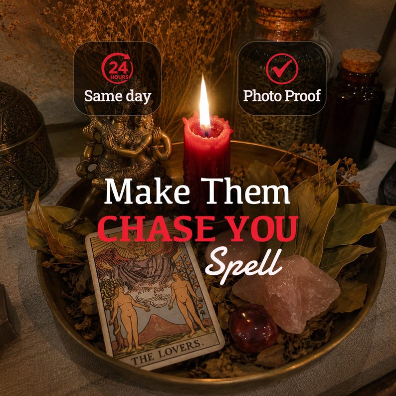Red candle romantic altar with Lovers tarot card and rose quartz representing romantic attraction, connection and relationship intention.
