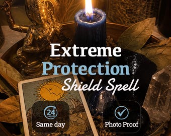 May include: A dark blue pillar candle with a lit flame, a gold-toned deity figurine, a tarot card depicting The Moon, dried leaves, and a clear crystal. Text reads: Extreme Protection Shield Spell, 24 Hours Same day, and Photo Proof.