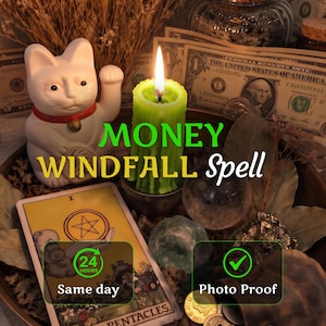 May include: A white beckoning cat figurine, a lit green pillar candle, a tarot card featuring a pentacle, US dollar bills, and dried foliage. Text on the image reads MONEY WINDFALL Spell, 24 HOURS Same day, and a green checkmark with Photo Proof.
