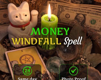 May include: A white beckoning cat figurine, a lit green pillar candle, a tarot card featuring a pentacle, US dollar bills, and dried foliage. Text on the image reads MONEY WINDFALL Spell, 24 HOURS Same day, and a green checkmark with Photo Proof.