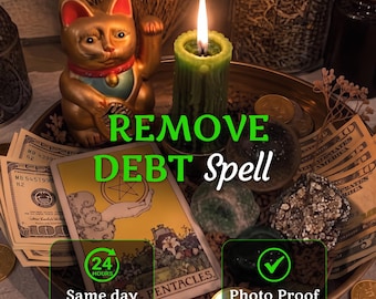 May include: A gold-colored beckoning cat figurine, a green pillar candle with a lit flame, a tarot card labeled Ace of Pentacles, and US dollar bills arranged on a tray. Text reads REMOVE DEBT Spell, 24 HOURS Same day, and Photo Proof.