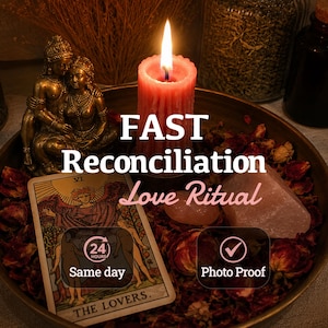 Könnte beinhalten: Eine rote Stumpenkerze, eine goldfarbene Figur mit zwei Personen, eine Tarotkarte mit der Aufschrift The Lovers und ein rosa Kristallstein in einer Schale mit getrockneten Rosenblättern. Text: FAST Reconciliation Love Ritual, 24 HOURS Same day, Photo Proof.