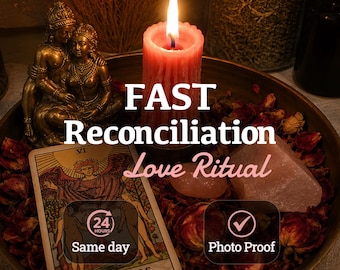 May include: A red pillar candle, a gold-toned figurine of two figures, a tarot card labeled The Lovers, and a pink crystal stone arranged in a bowl with dried rose petals. Text reads: FAST Reconciliation Love Ritual, 24 HOURS Same day, Photo Proof.