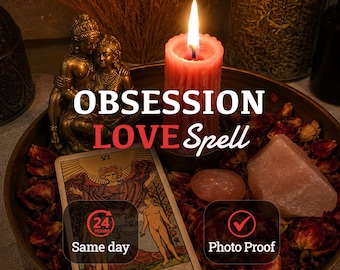 May include: A bronze-colored tray containing a lit pink pillar candle, a gold-toned figurine of two figures, a Lovers tarot card, and rose petals. The text reads OBSESSION LOVE Spell, 24 HOURS Same day, and Photo Proof with a checkmark.