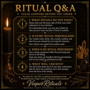 May include: A black background informational graphic titled RITUAL Q&A with gold text. It lists four numbered questions regarding ritual details, personalisation, timing, and deliverables, featuring a lit black candle and crystals on the sides.