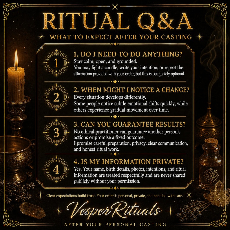May include: A black informational graphic titled RITUAL Q&A: WHAT TO EXPECT AFTER YOUR CASTING with gold text and decorative borders. It lists four numbered questions and answers regarding ritual expectations, results, and privacy, signed Vesper Rituals.