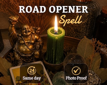 May include: A gold-colored laughing Buddha figurine, a green pillar candle with wax drips, a tarot card, and various stones. The text reads ROAD OPENER Spell, 24 HOURS Same day, and a checkmark icon with the text Photo Proof.
