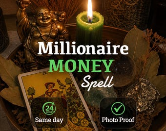 May include: A bronze-colored laughing Buddha figurine, a green pillar candle with a lit flame, a Nine of Pentacles tarot card, dried leaves, and crystals arranged in a bowl. Text reads: Millionaire MONEY Spell, 24 HOURS Same day, and Photo Proof.