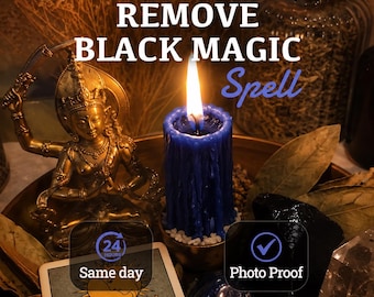 May include: A lit blue pillar candle with wax drips, a gold-toned deity figurine, a tarot card featuring a sun illustration, and a black stone. Text reads: REMOVE BLACK MAGIC Spell, 24 HOURS Same day, and a checkmark icon with Photo Proof.