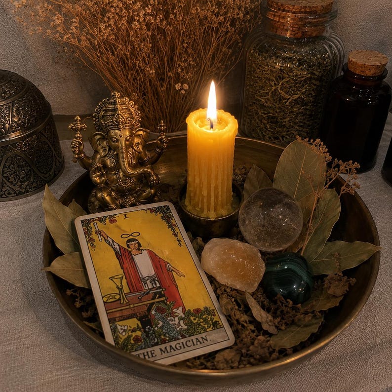 May include: A brass tray containing a lit yellow pillar candle, a gold-toned Ganesha figurine, a The Magician tarot card, a clear crystal sphere, a rough yellow stone, a dark green polished stone, and dried bay leaves arranged in a cluster.