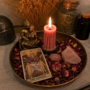 May include: A round brass tray containing a pink pillar candle, a bronze-toned figurine of two figures, a rose quartz crystal, and a tarot card labelled The Lovers, all nestled among dried red rose petals with a warm, glowing flame.