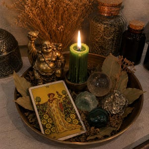 May include: A round bronze tray containing a gold-coloured laughing Buddha figurine, a lit green pillar candle, a Nine of Pentacles tarot card, a clear crystal sphere, a piece of pyrite, and two smooth green stones nestled among dried bay leaves.