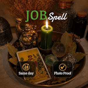 Könnte beinhalten: Eine bronzefarbene Buddha-Figur, eine grüne Stumpenkerze, eine Neun-der-Münzen-Tarotkarte, eine klare Kristallkugel und getrocknete Blätter in einer Schale. Text: JOB Spell, 24 HOURS Same day, Photo Proof.