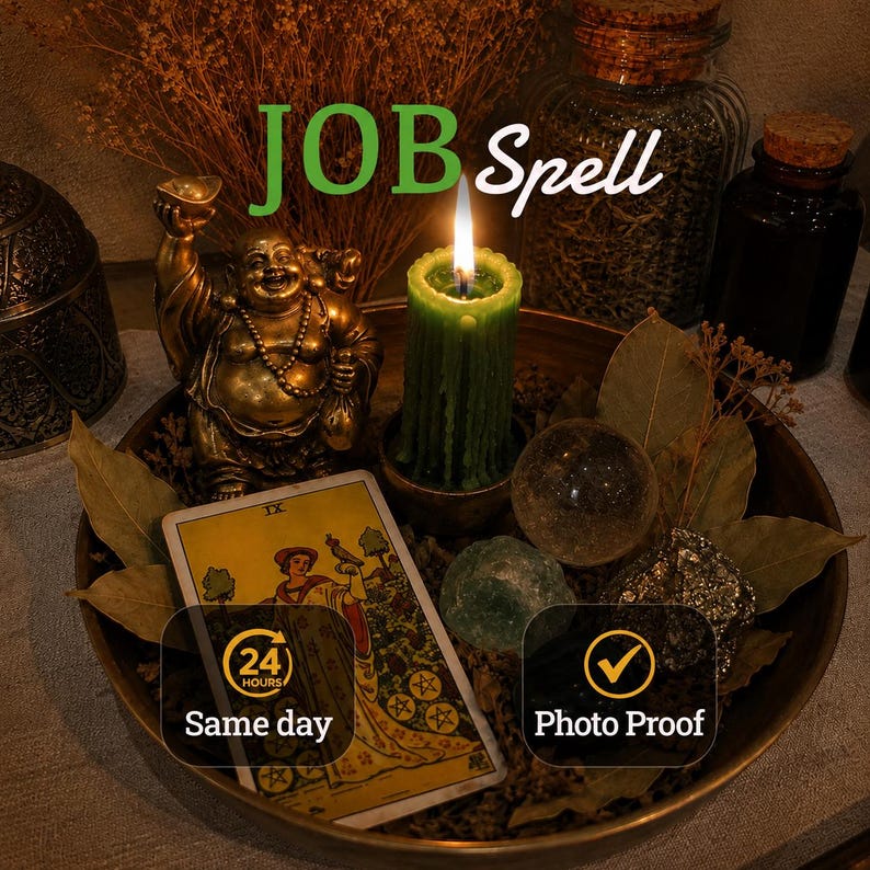 May include: A bronze-colored Buddha figurine, a green pillar candle, a Nine of Pentacles tarot card, a clear crystal sphere, and dried leaves arranged in a bowl. Text reads JOB Spell, 24 HOURS Same day, and Photo Proof.