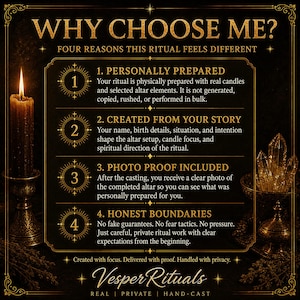 May include: A black informational graphic titled WHY CHOOSE ME? FOUR REASONS THIS RITUAL FEELS DIFFERENT. It lists four points: 1. PERSONALLY PREPARED, 2. CREATED FROM YOUR STORY, 3. PHOTO PROOF INCLUDED, 4. HONEST BOUNDARIES. Includes Vesper Rituals text.