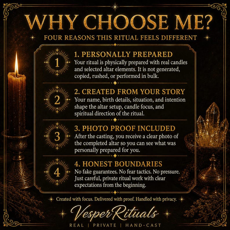 May include: A black informational graphic titled WHY CHOOSE ME? FOUR REASONS THIS RITUAL FEELS DIFFERENT. It lists four points: 1. PERSONALLY PREPARED, 2. CREATED FROM YOUR STORY, 3. PHOTO PROOF INCLUDED, 4. HONEST BOUNDARIES. Includes Vesper Rituals text.
