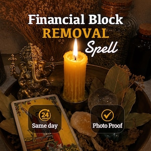Peut inclure: Une bougie pilier jaune avec des coulures de cire, une figurine de Ganesh dorée, une carte de tarot, des cristaux transparents et des feuilles de laurier séchées dans un bol. Texte : Financial Block REMOVAL Spell, 24 HOURS Same day, Photo Proof.