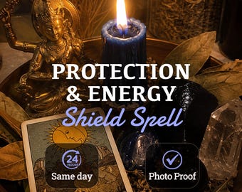 May include: A dark blue pillar candle with a lit flame, a gold-toned deity figurine, a tarot card featuring a sun illustration, dried leaves, and crystals. Text reads: PROTECTION & ENERGY Shield Spell, 24 HOURS Same day, and Photo Proof.